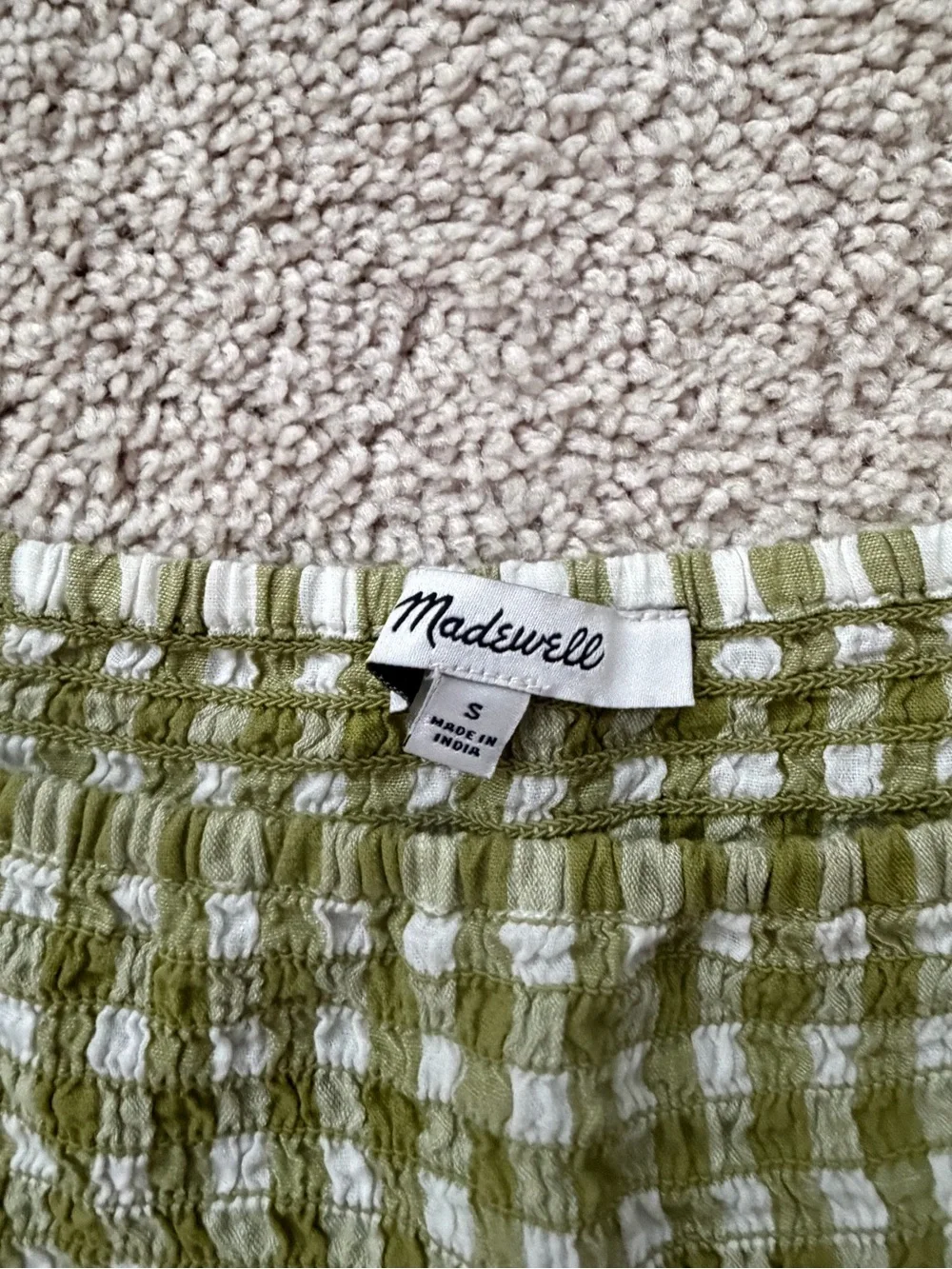 Madewell Olive & White Gingham Smocked Square-Neck Top